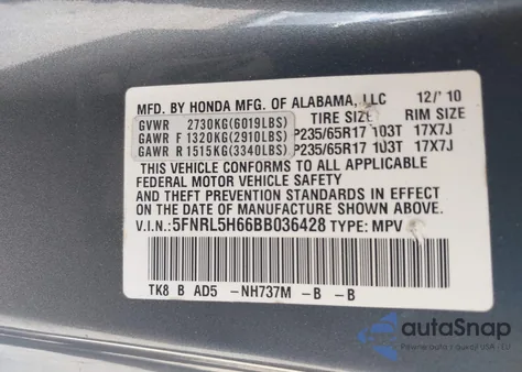 2011 Honda Odyssey Ex-L from USA, damaged, VIN 5FNRL5H66BB036428